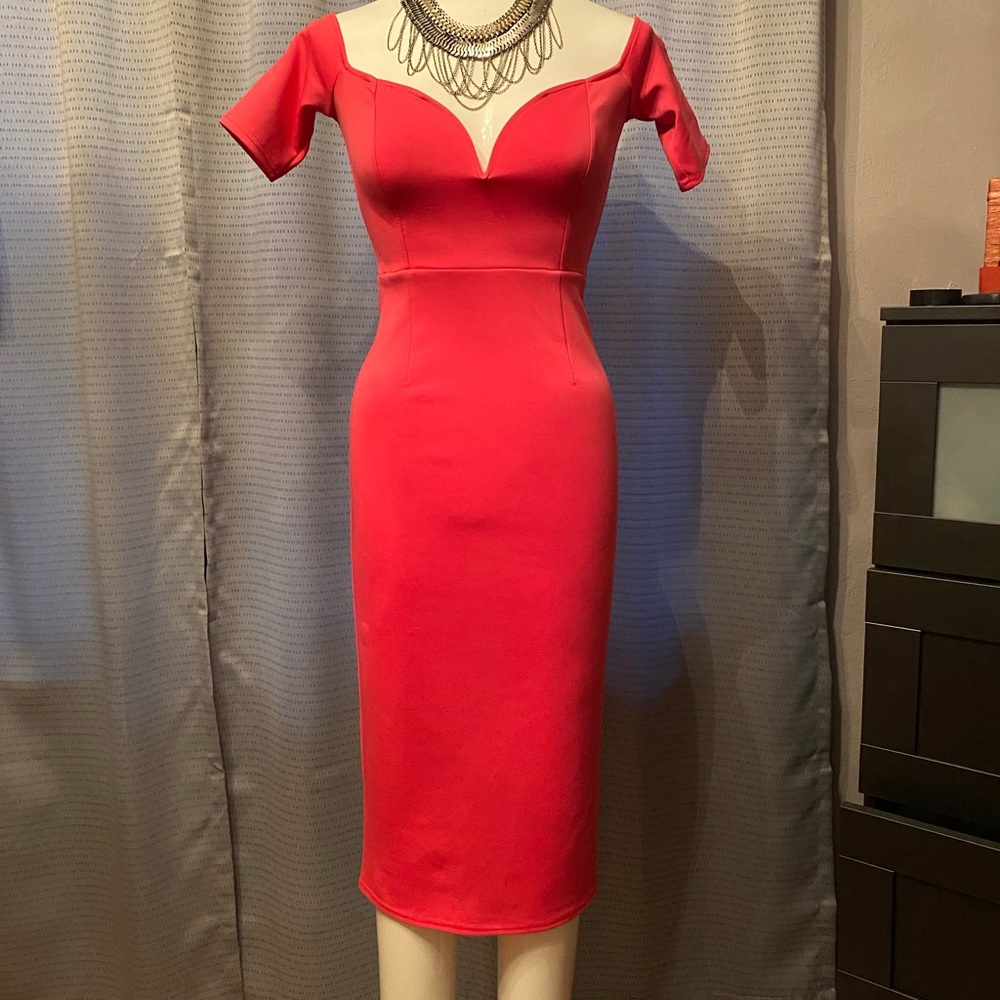 Hot pink dress.